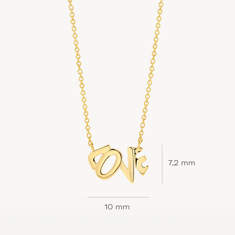 14k geelgouden ketting met fijne schakels en "love" hanger van 10 mm breedte.