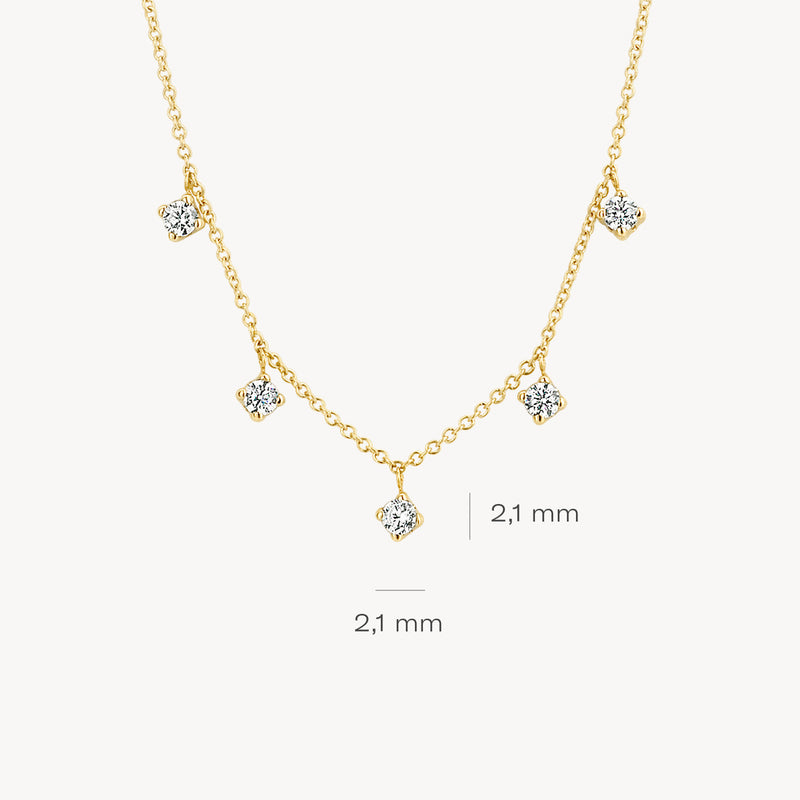 Fijne 14k geelgouden ketting met vijf zirkonia hangers van 2,1 mm.