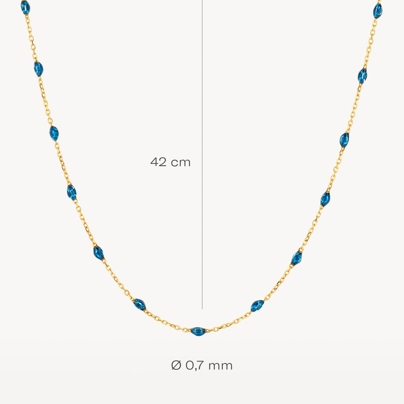 Fijne ketting van 14k geel goud met kleine blauwe resin schakels van 0,7 mm, 42 cm lang.