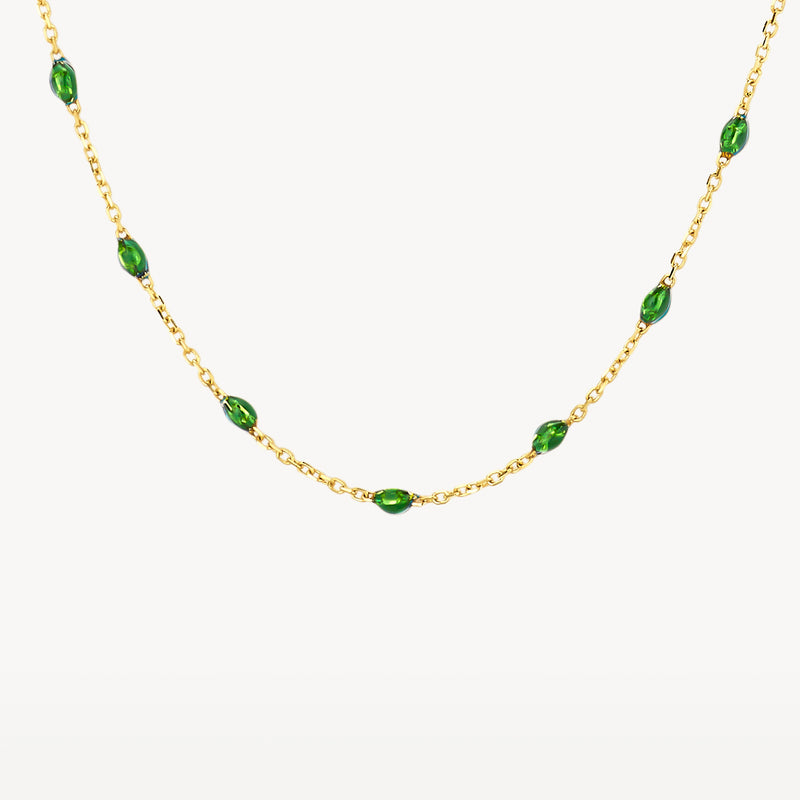 Collier en chaîne à maillons en or jaune 14k avec de petites perles en résine verte.