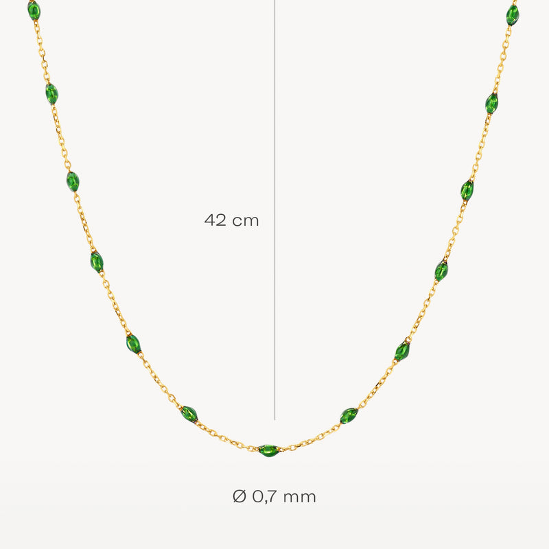 14k goud ketting met fijne schakel en groene resin kralen, lengte 42 cm, diameter 0,7 mm.