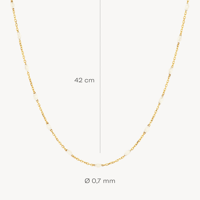Fijne schakelketting van 14k geelgoud met kleine schakels, 42 cm lang, 0,7 mm dik.