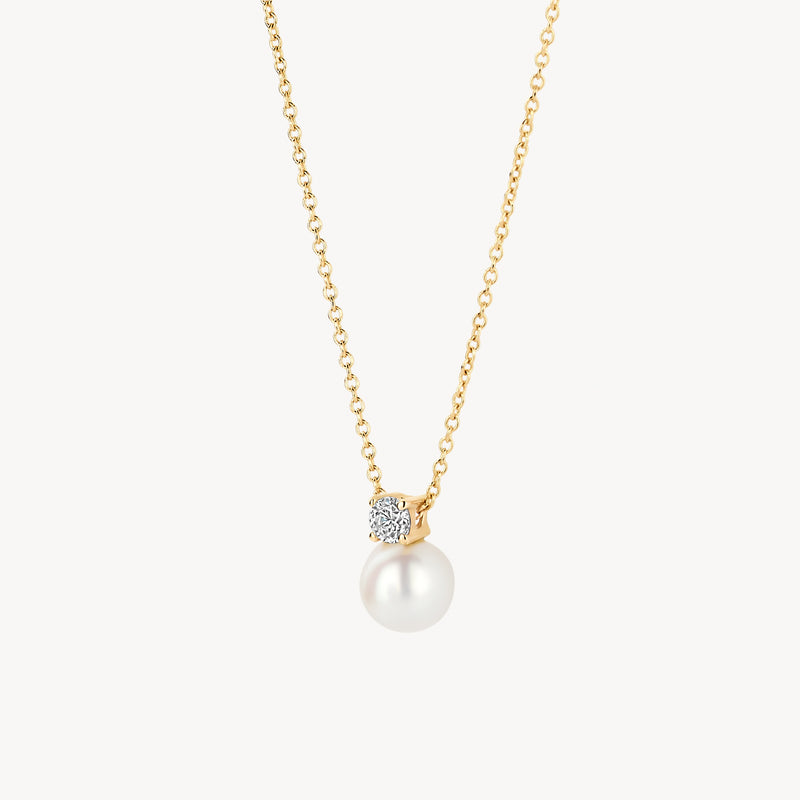 14k geelgouden ketting met ronde parel en kleine zirkonia hanger.
