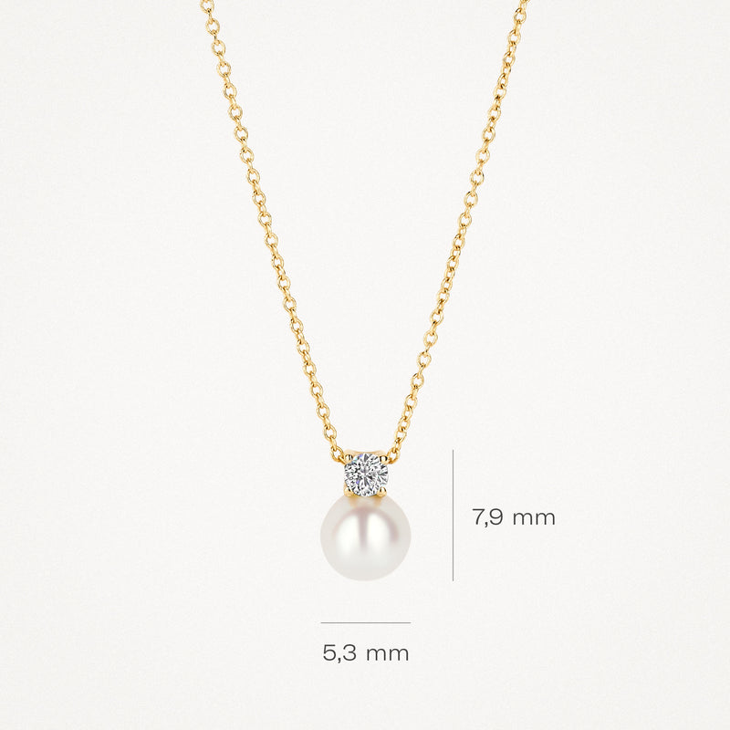 14k geelgouden ketting met parel van 7,9 mm en kleine zirkonia steen.