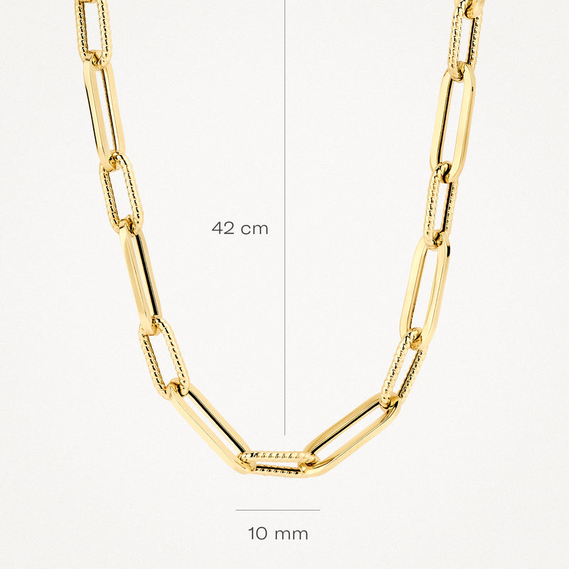 Grosse schakelketting 42 cm, 14k geelgoud met afwisselend gladde en geribbelde schakels.