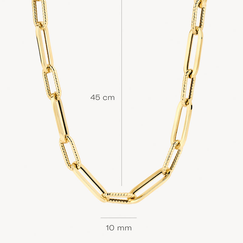 Grosse schakelketting 42 cm, 14k geelgoud met afwisselend gladde en geribbelde schakels.