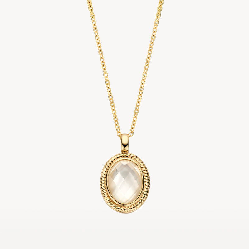14k geelgouden ketting met fijne schakel en ovale parelmoer hanger in bicolor goud.
