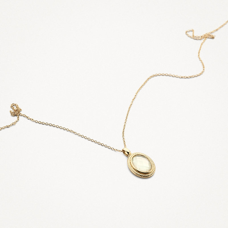 Ketting van 14k geel goud met ovale hanger van parelmoer en bergkristal.