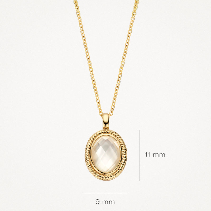 14k geelgouden ketting met ovale hanger van parelmoer en bergkristal, 9x11 mm.