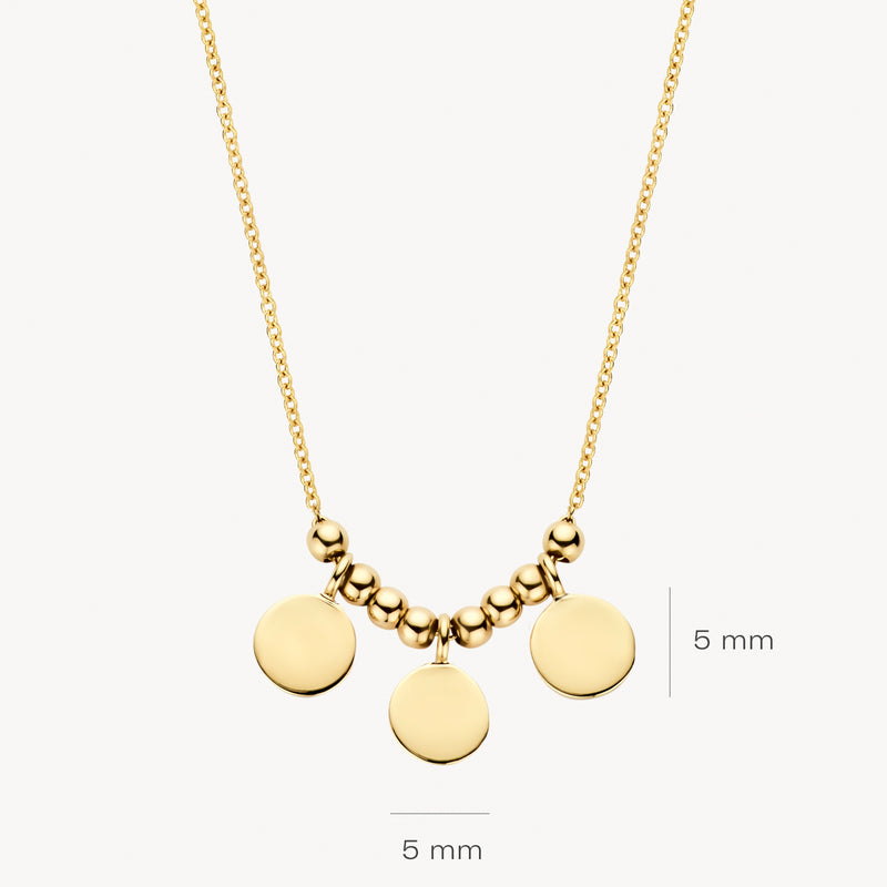 14k goud ketting met fijne schakels en drie glanzende ronde hangers van 5 mm.