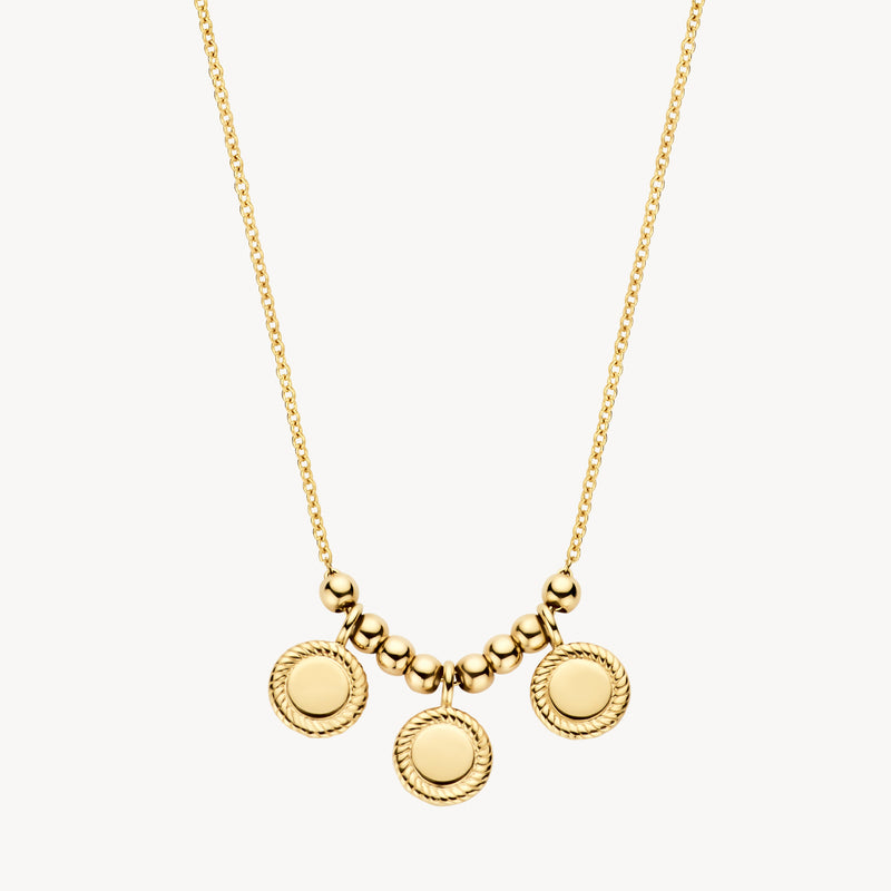 14k geelgouden ketting met fijne schakels en drie ronde hangers met gedetailleerde rand.
