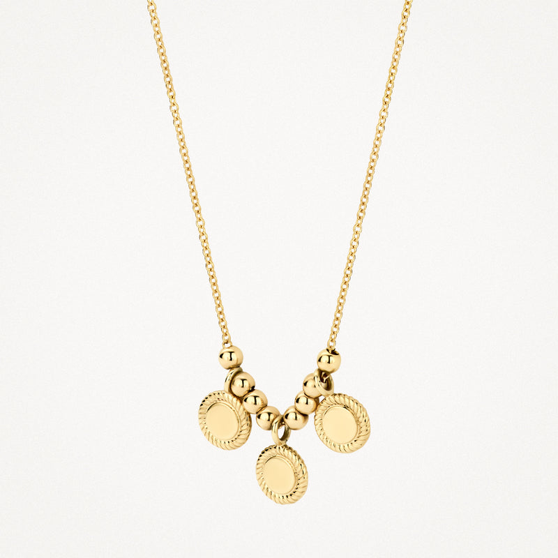 14k goud ketting met fijne schakels en drie bedels met spiraalrand.