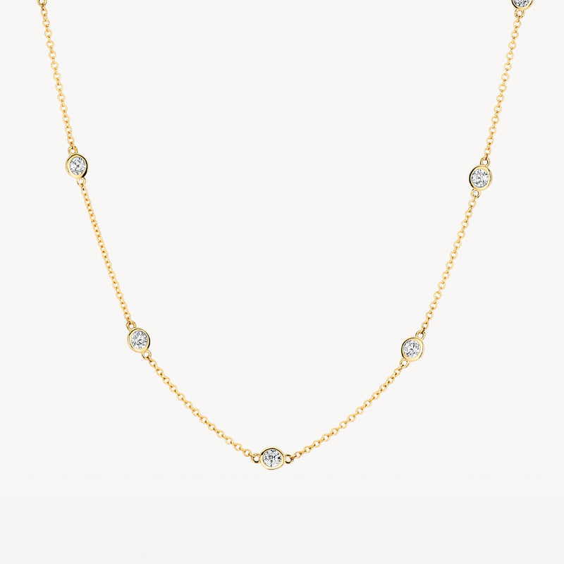 Fijne ketting van 14k geel goud met kleine zirkonia schakels in een bicolor goud ontwerp.