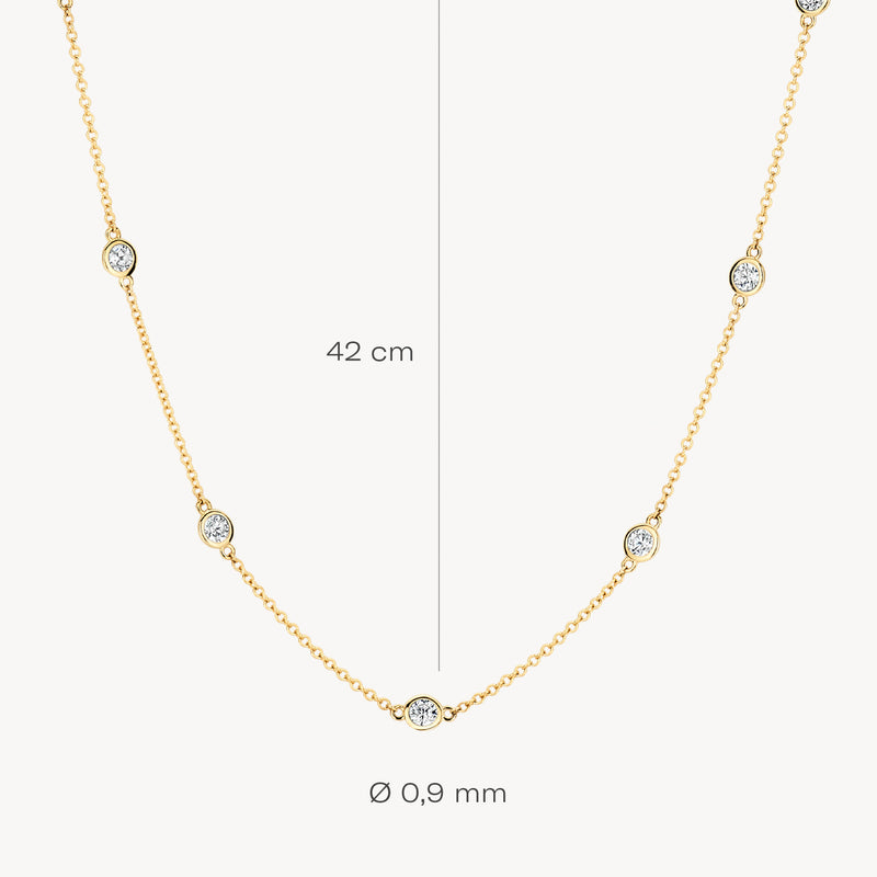 14k geelgouden fijne schakelketting met kleine zirkonia's, lengte 42 cm, Ø 0,9 mm.