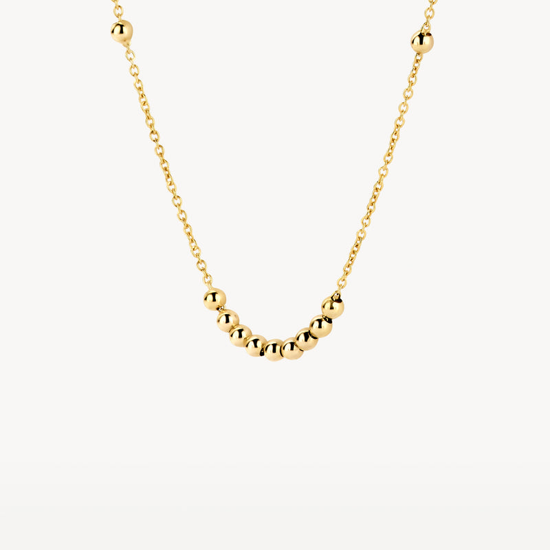 14k geelgouden ketting met glanzende bolletjes in het midden.
