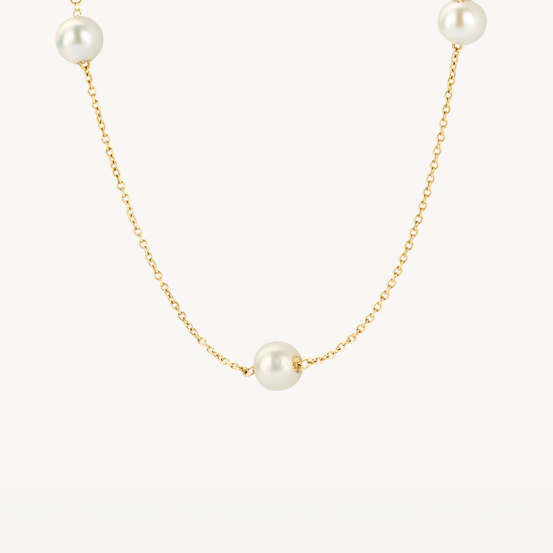 14k goud ketting met drie parels en fijne schakels.