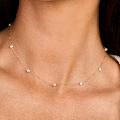 14ct Gold Pearl Station Necklace with Seven Pearls