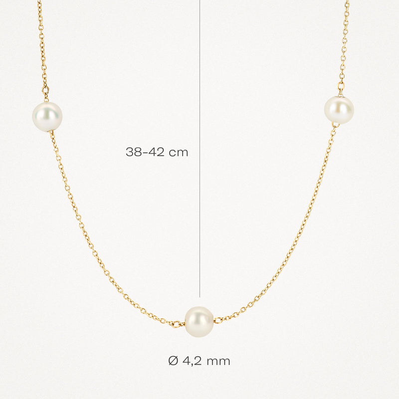 14k geelgouden ketting met drie parels en fijne schakels, lengte 38-42 cm.