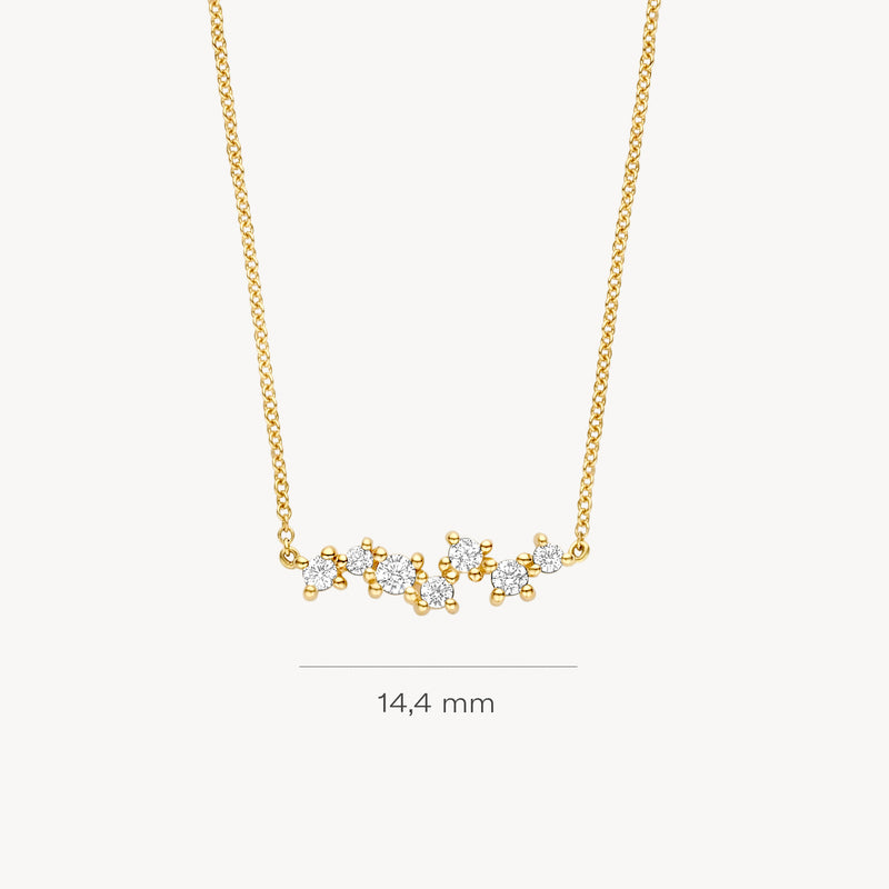 Ketting met fijne schakels van 14k goud en cluster van fonkelende zirkonia's, 14,4 mm breed.