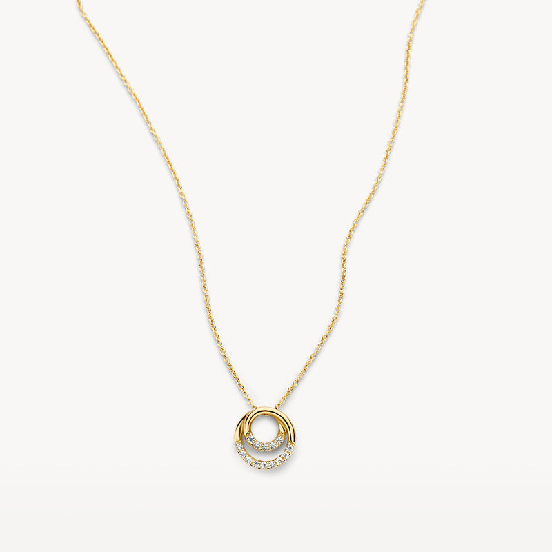 Halskette aus 585er Gold mit feinem Glied und rundem, mit Zirkonen besetztem Anhänger.