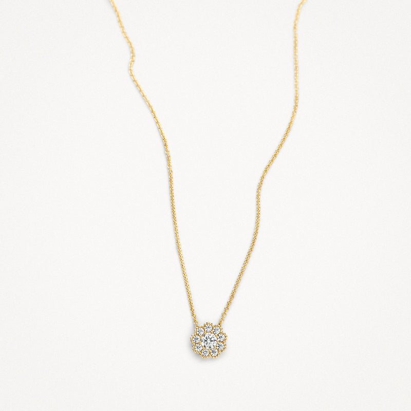 14k goud ketting met fijne schakels en bloemvormige hanger met zirkonia's.