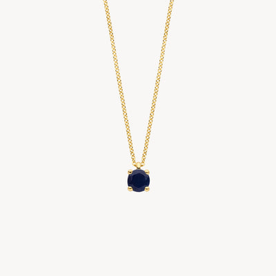 14k geel goud ketting met ronde blauwe saffier hanger.