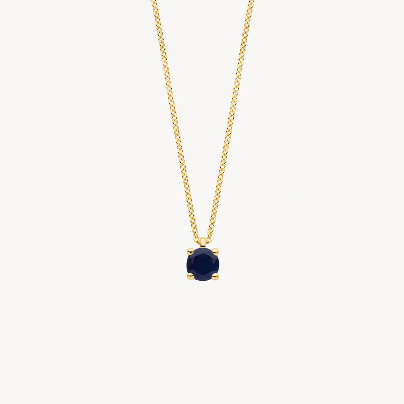 14k geel goud ketting met ronde blauwe saffier hanger.