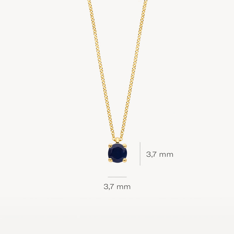 14k goud ketting met ronde blauwe saffier van 3,7 mm in klassieke zetting.