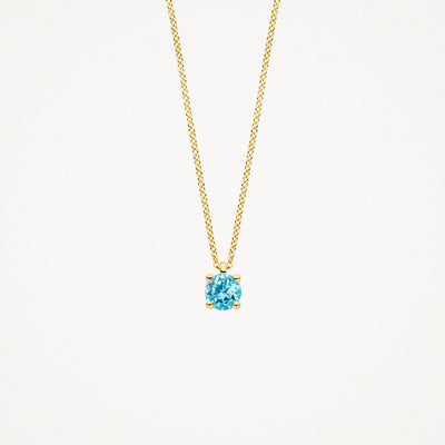 14k goud ketting met ronde blauwe topaas hanger en fijne schakelketting.