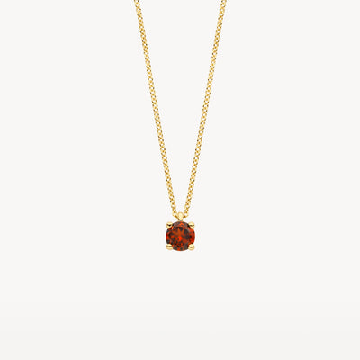 14k geel goud ketting met ronde granaat hanger.