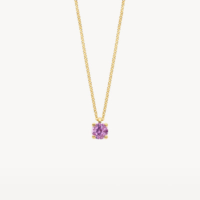 14k geel gouden ketting met ronde roze amethist hanger en fijne schakels.