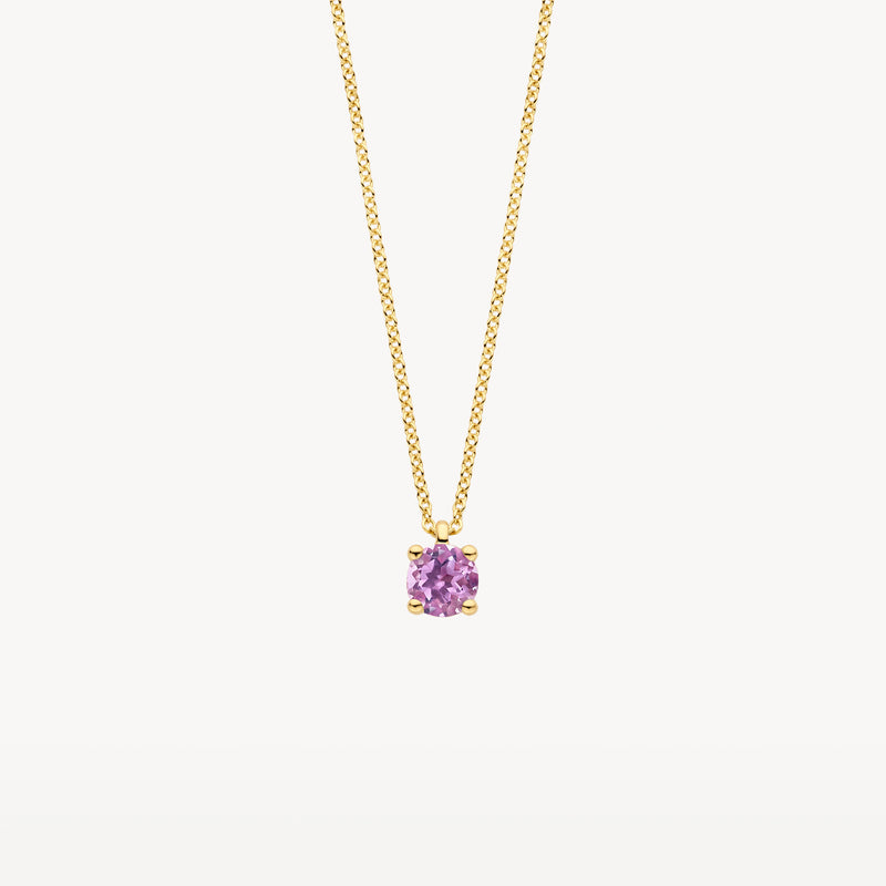 Collier en or jaune 14k avec un pendentif rond en améthyste rose et des maillons fins.