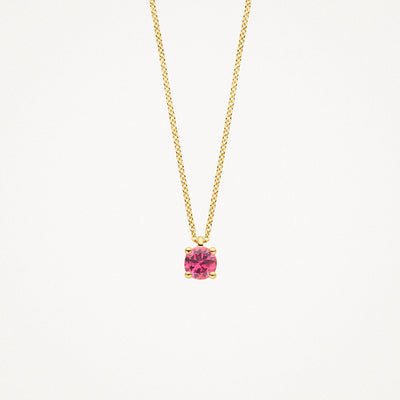 14k geel goud ketting met ronde roze toermalijn hanger aan fijne schakelketting.