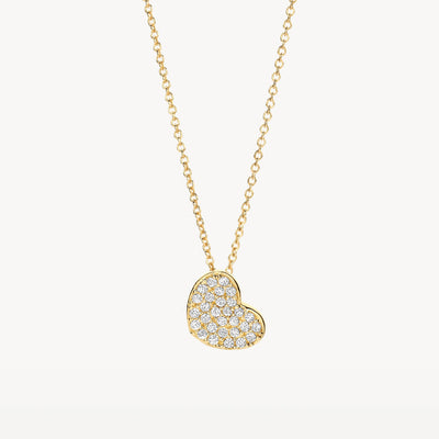 585er Gelbgoldkette mit zirkonia Herzanhänger, Nahaufnahme.