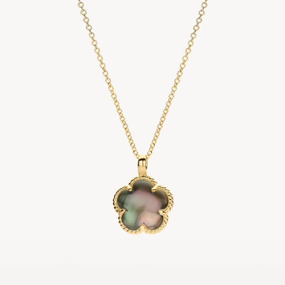 585er gelbgoldene Kette mit Schwarzes Perlmutt Anhänger, Nahaufnahme.