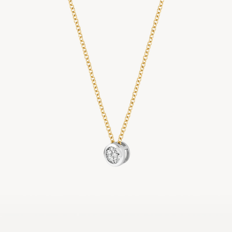 Bicolor goud ketting met ronde diamant hanger in 14k wit en geel goud.