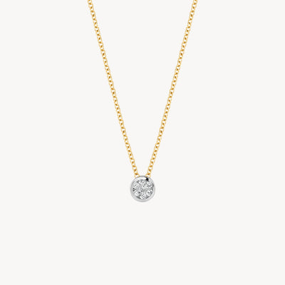 14k geelgouden collier met fijne schakel en solitaire diamant in witgouden zetting.
