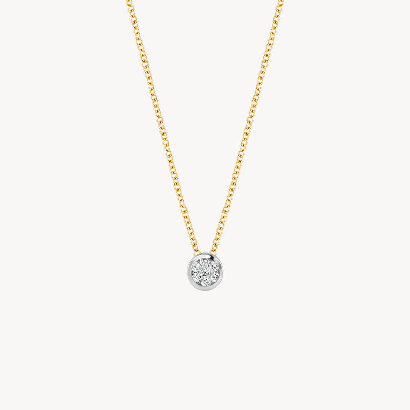 14k geelgouden collier met fijne schakel en solitaire diamant in witgouden zetting.