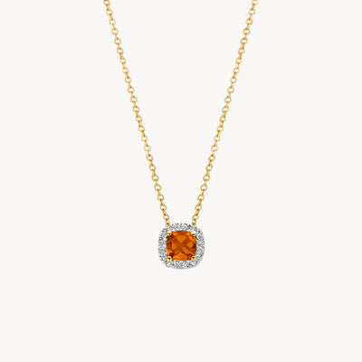 Bicolor gouden collier met 14k geelgoud ketting en citrien hanger omringd door diamanten.