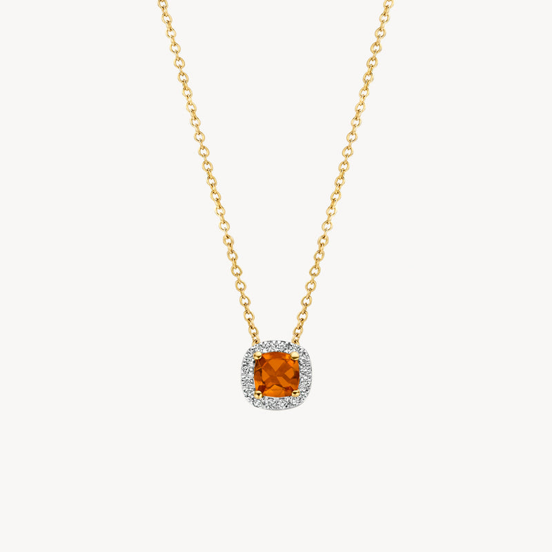 Bicolor gouden collier met 14k geelgoud ketting en citrien hanger omringd door diamanten.