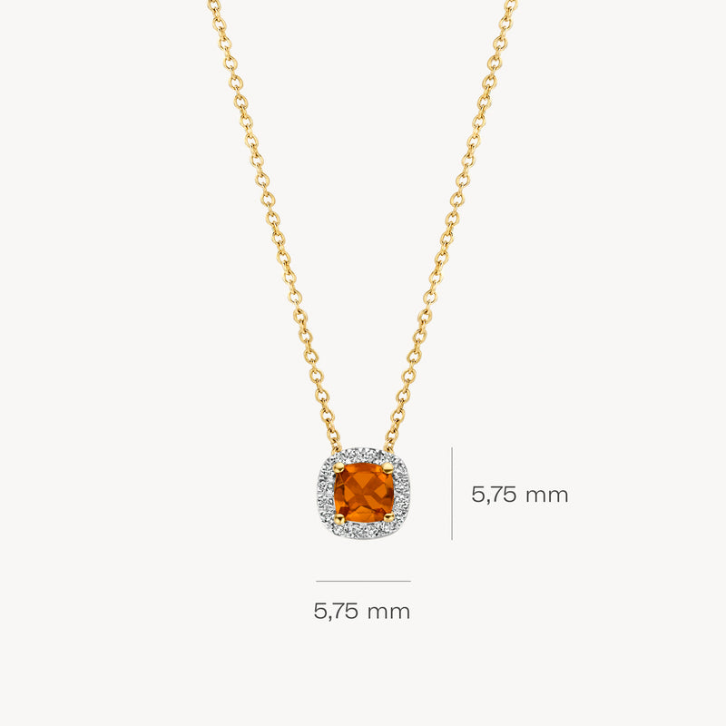 14k Goud collier met vierkante citrien en omlijsting van 14k Wit goud diamanten.