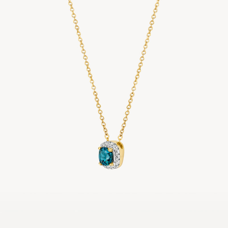Bicolor collier van 14k geel en wit goud met London blue topaz en diamanten.