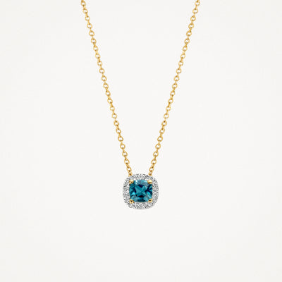 Bicolor collier met London blue topaz in 14k geel en wit goud en diamanten rondom.