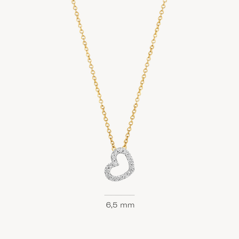 14k Wit goud collier met hartvormige hanger bezet met natuurlijke diamanten, 6,5 mm lang.