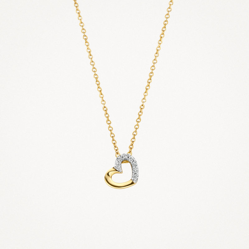 Bicolor hartvormig collier van 14k wit en geel goud met natuurlijke diamanten, subtiele sparkle.