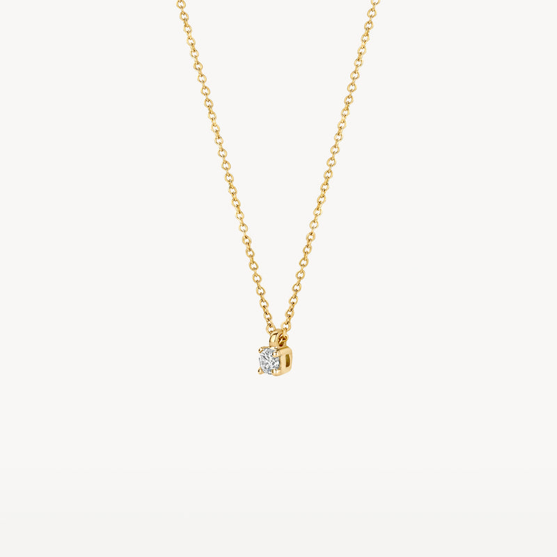 Diamanten collier met solitaire diamant in 14k geel goud hangertje en fijne ketting.