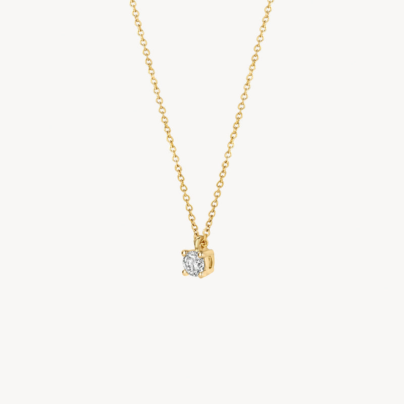 Diamanten collier met solitaire hanger in 14k geel goud en fijne schakelketting.