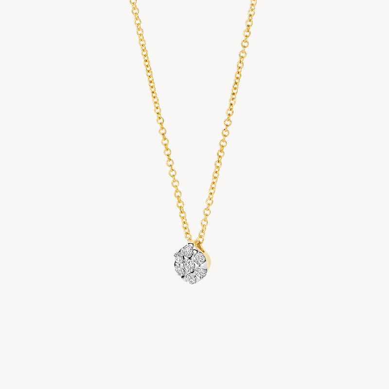 14k geelgouden schakelketting met ronde witte diamanthanger in 14k wit goud.