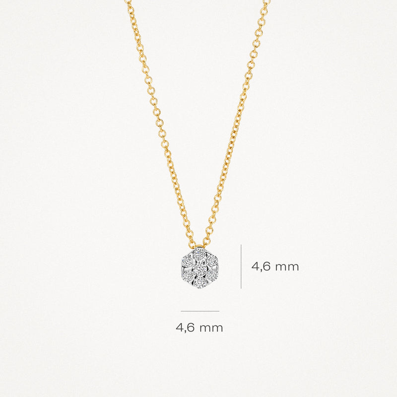 14k geelgouden collier met bicolor hanger van 14k wit goud en natuurlijke diamant, 4,6 mm.