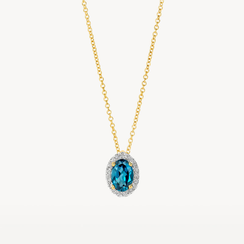 14k geel gouden collier met ovale Londen blauwe topaas en diamanten halo.